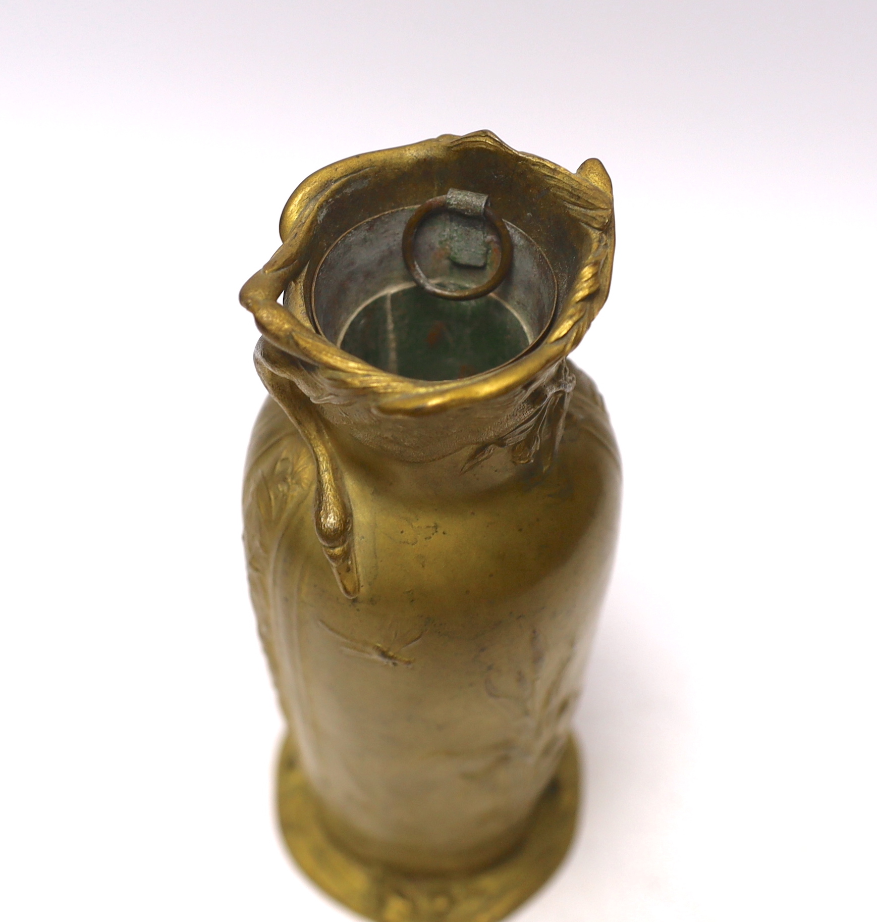 An Art Nouveau bronze vase by Louchet, Paris, decorated with bull rushes in a pond, with inner tin liner, 19.5cm high